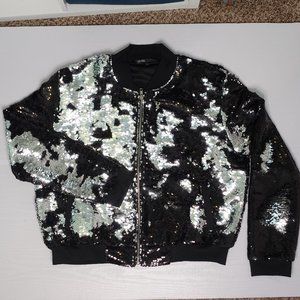 Silver and Black Reverse Sequin Bomber Jacket